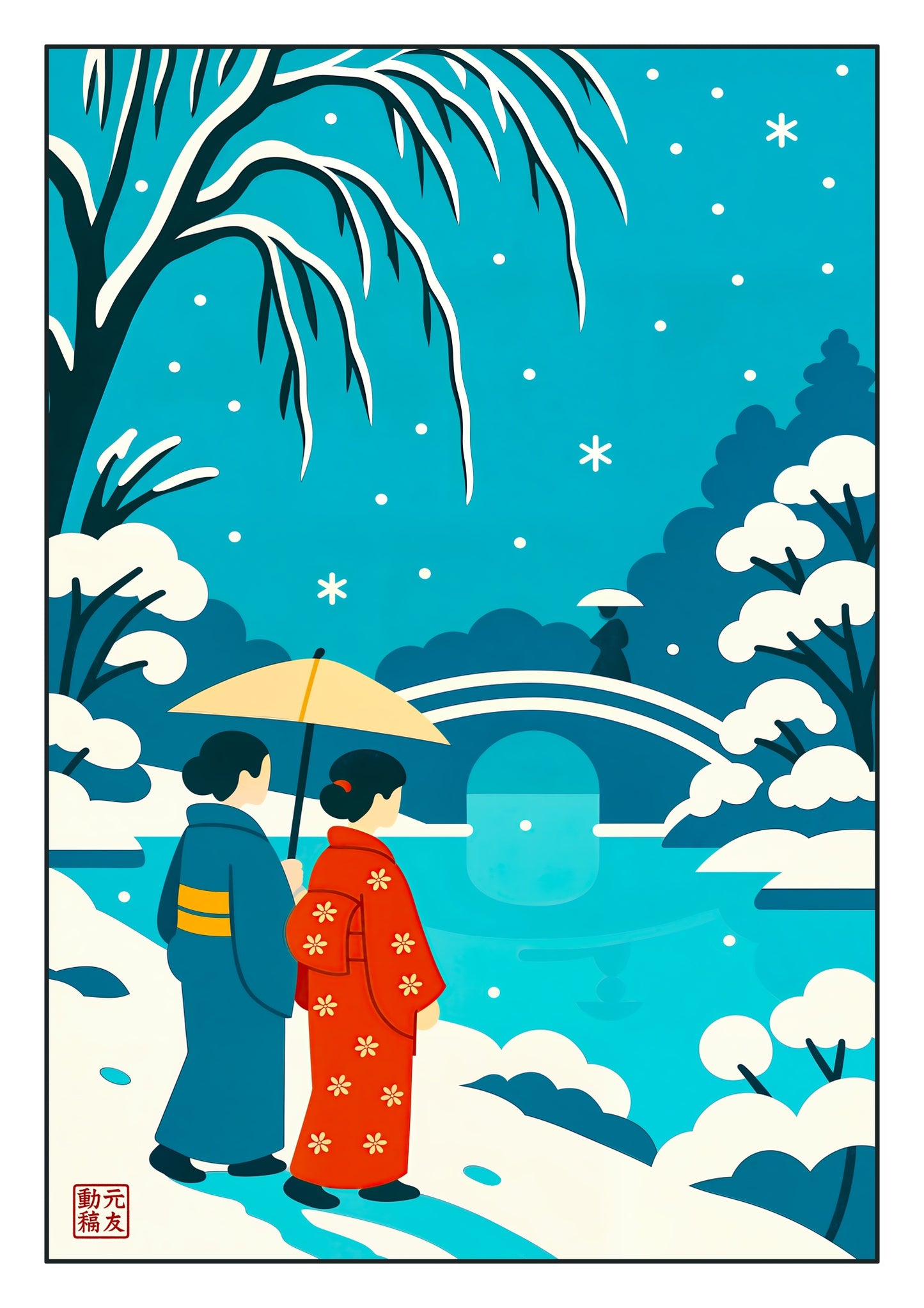 Kimonos at the Bridge in the Snow