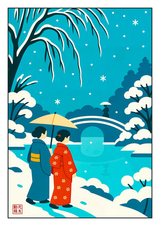 Kimonos at the Bridge in the Snow print