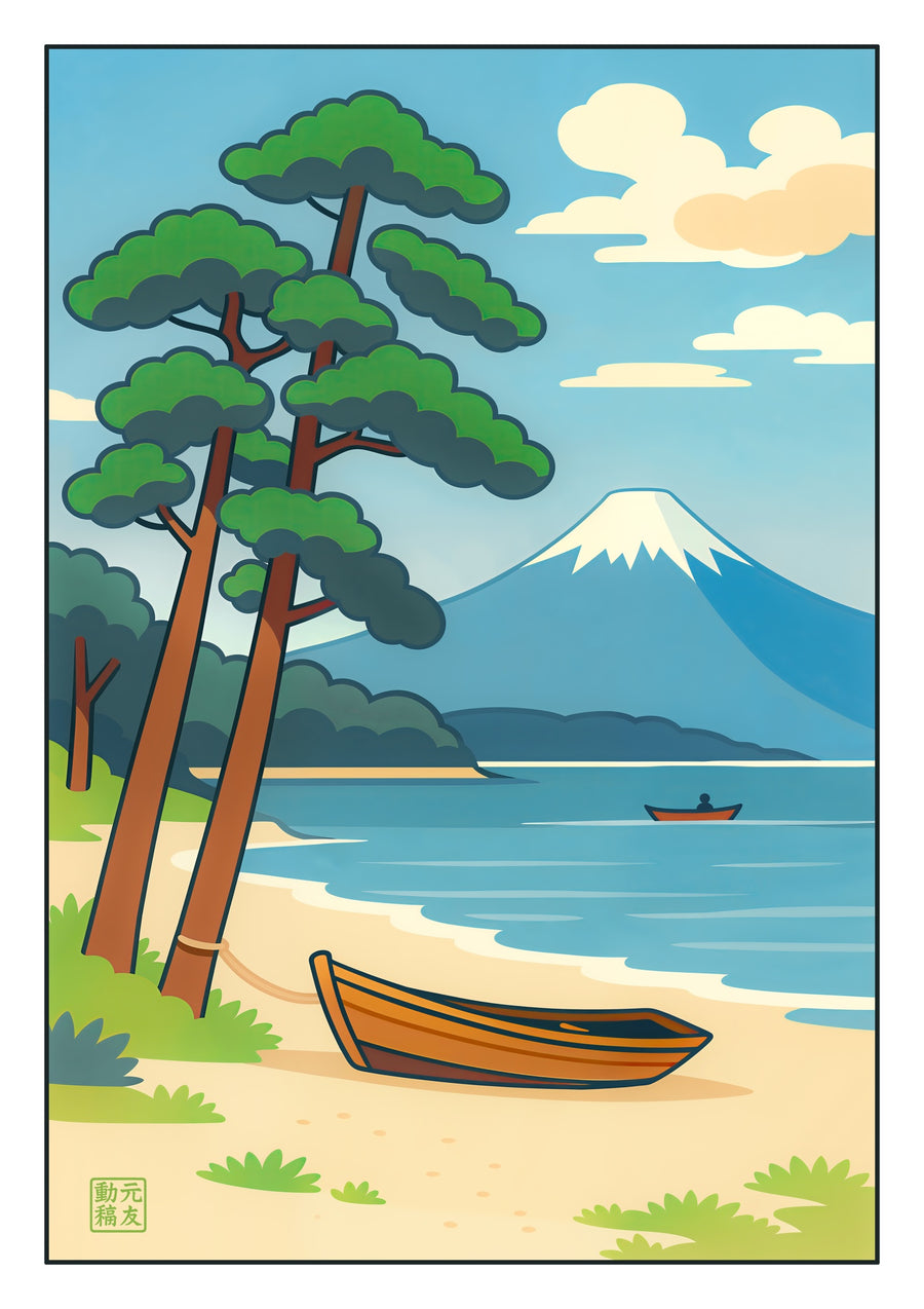 Fiskebåtar vid Mount Fuji - Print Only frame
