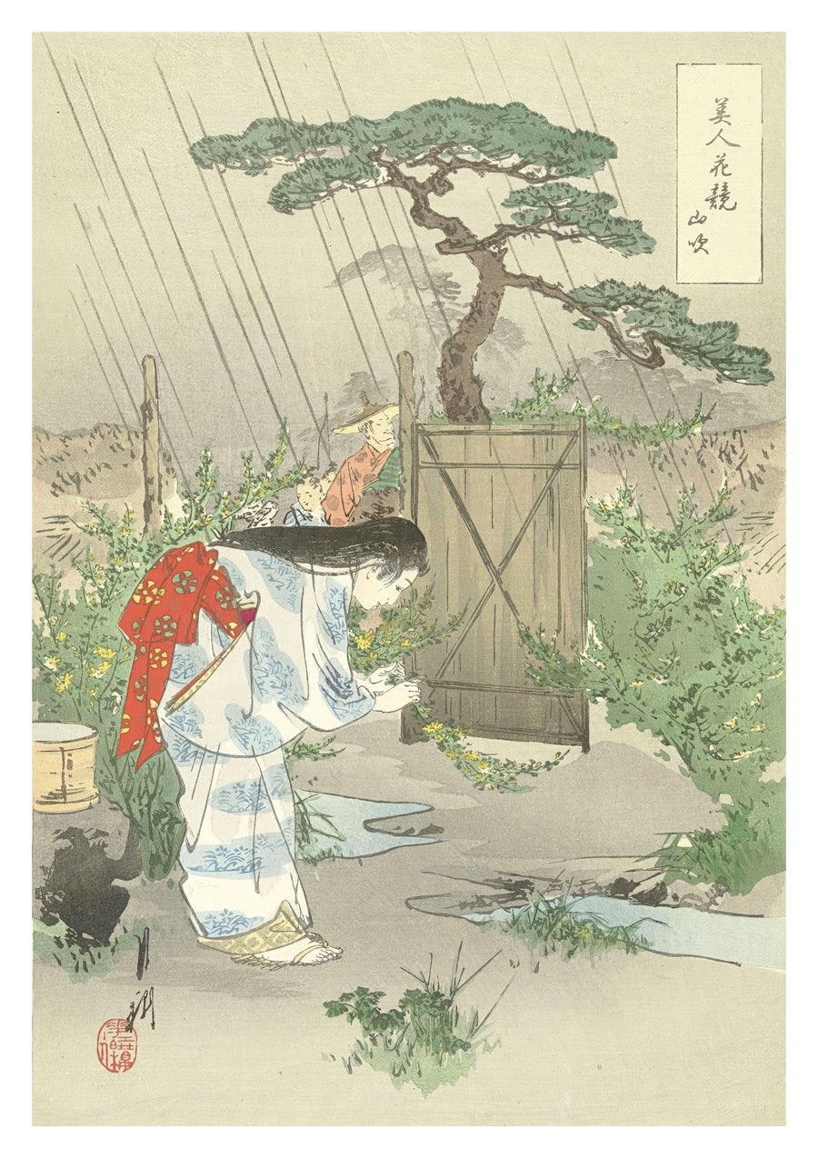Frau beugt sich über einen Yamabuki-Strauch - Print Only frame