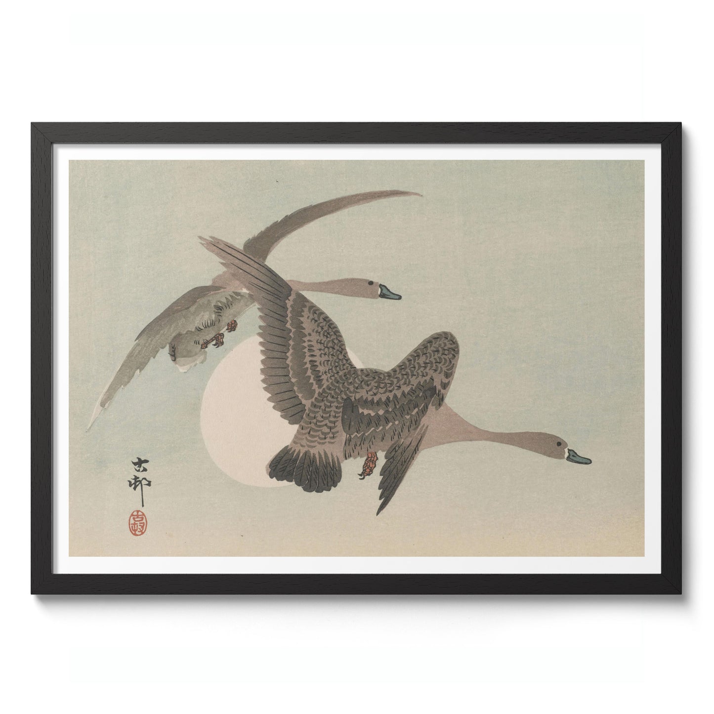 Twee ganzen in vlucht & volle maan