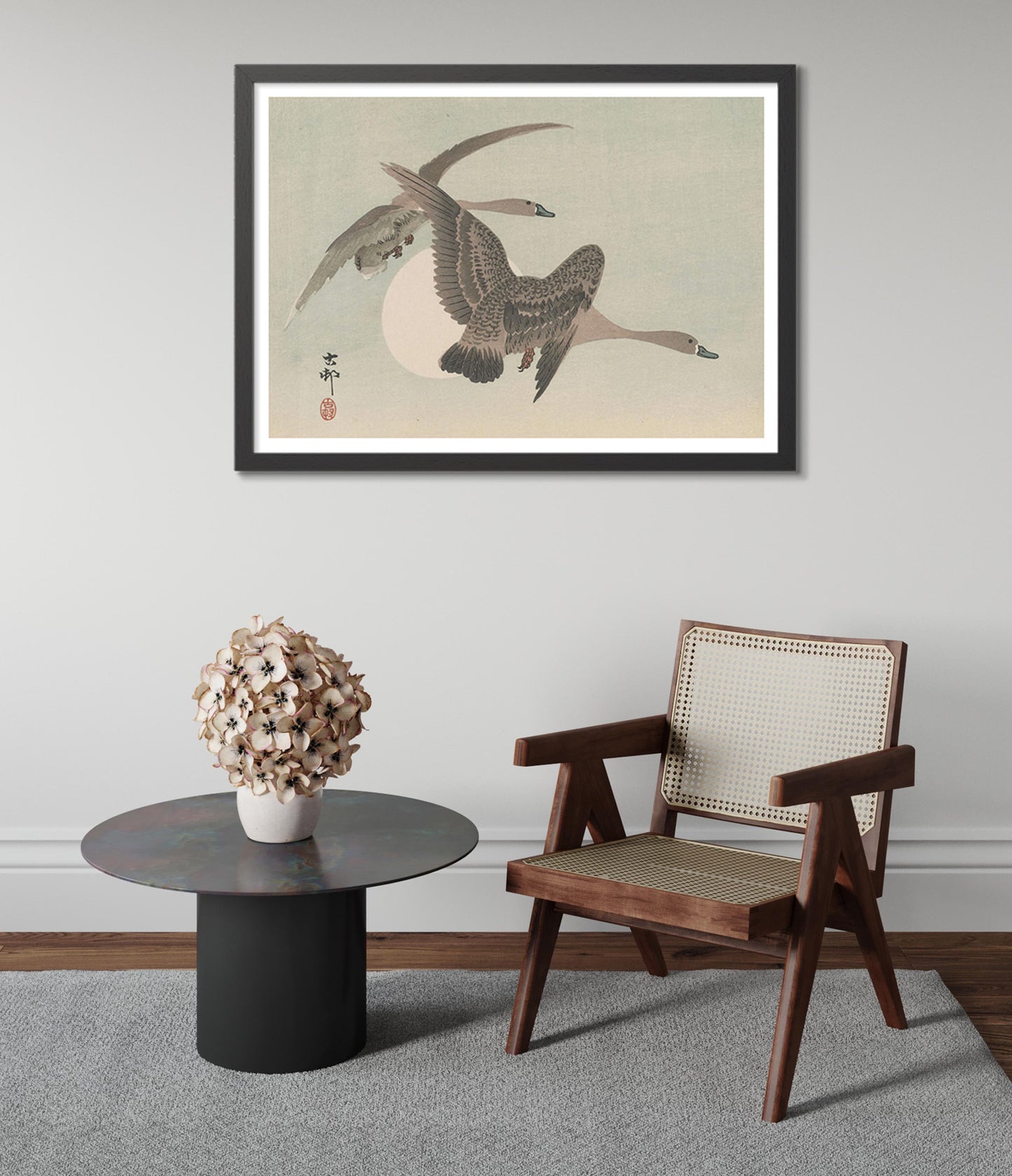 Twee ganzen in vlucht & volle maan