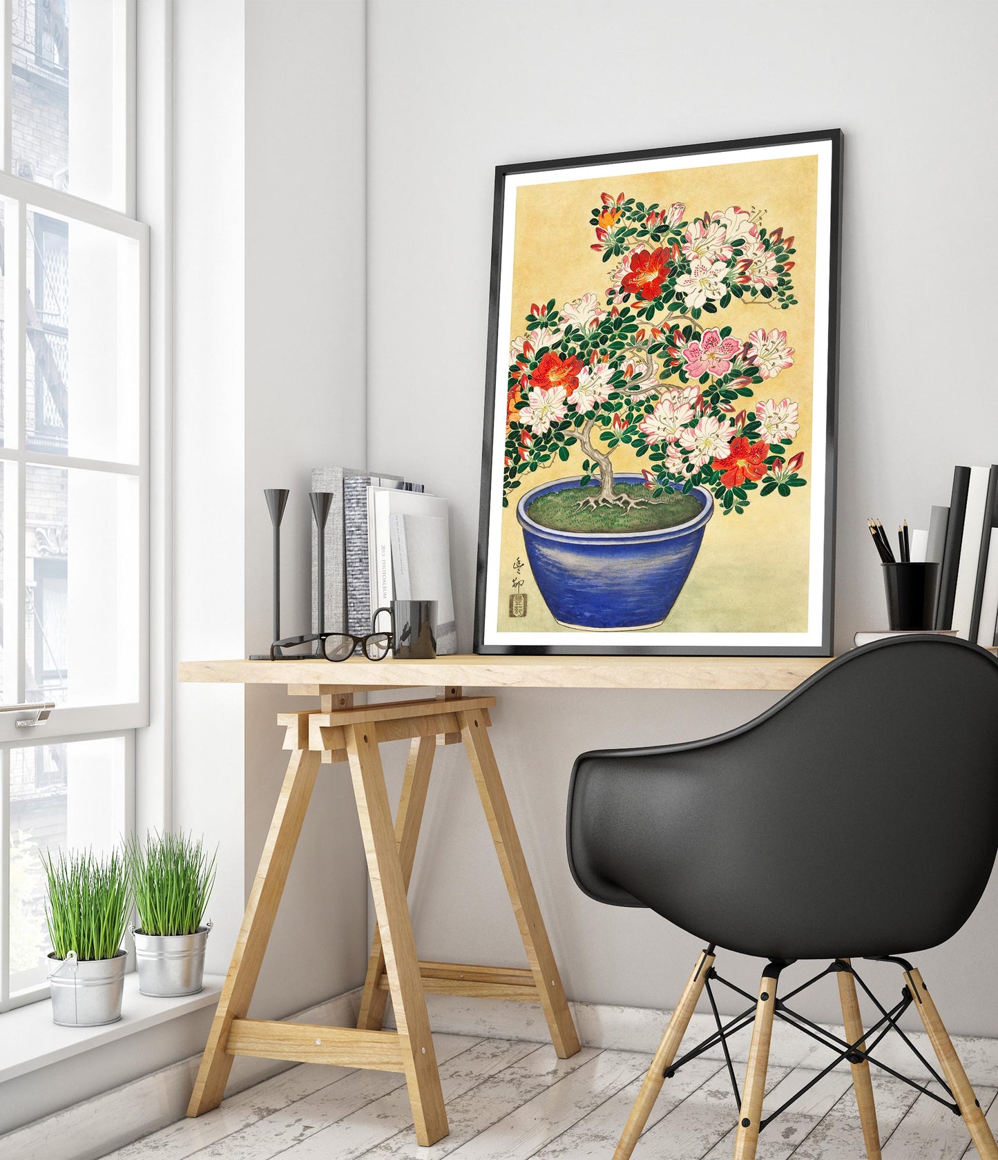 Blooming Azalea in Blue Pot