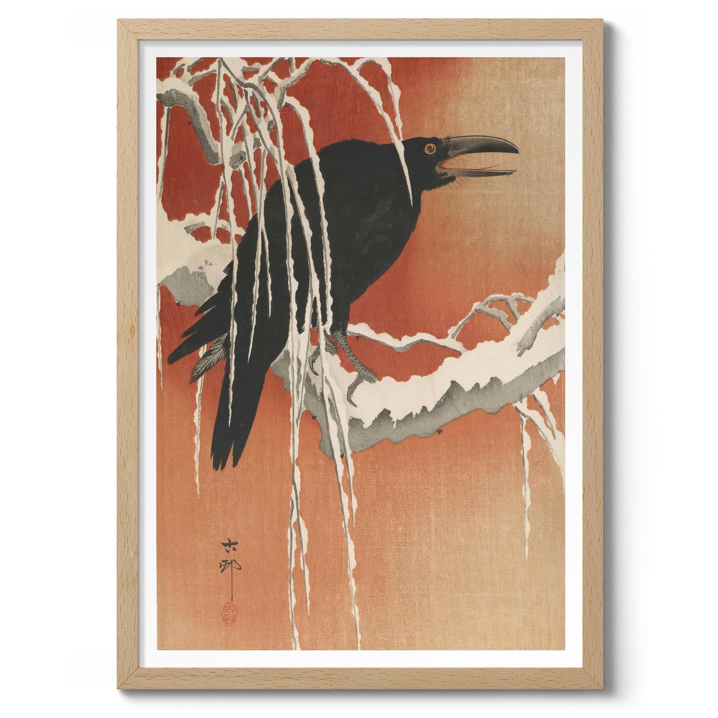 Crow on a Snowy Branch at Sunset