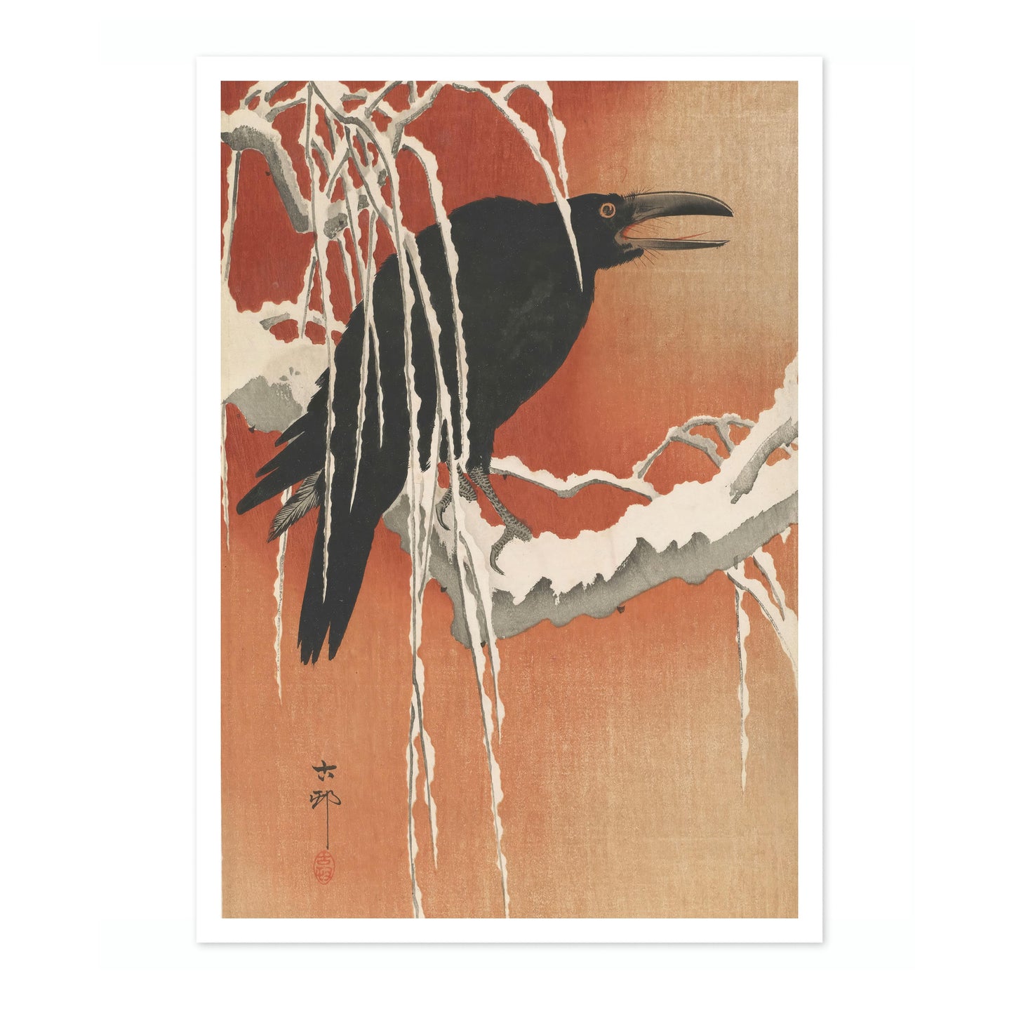 Crow on a Snowy Branch at Sunset