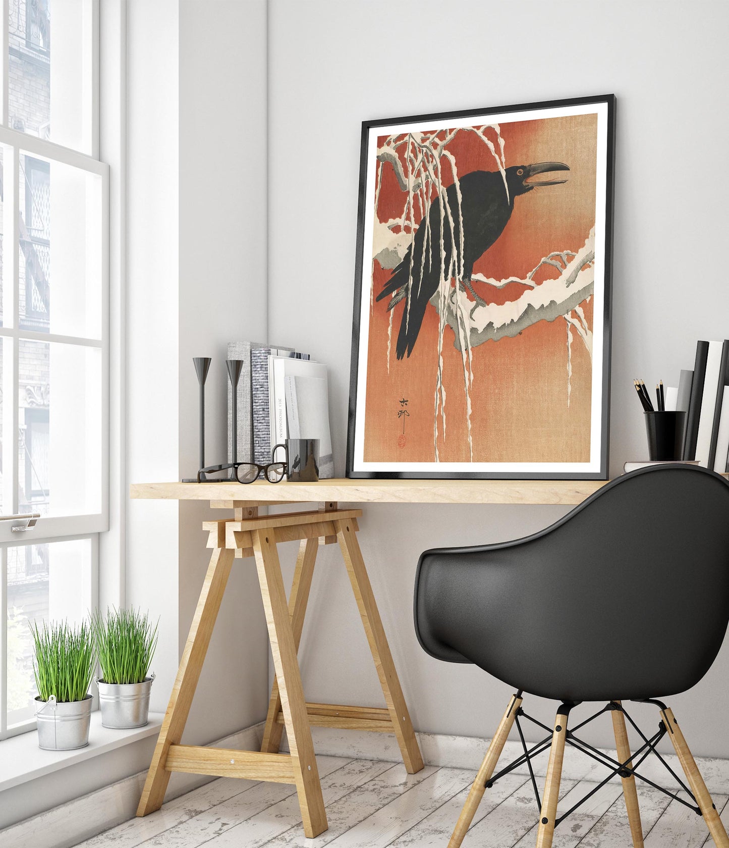 Crow on a Snowy Branch at Sunset