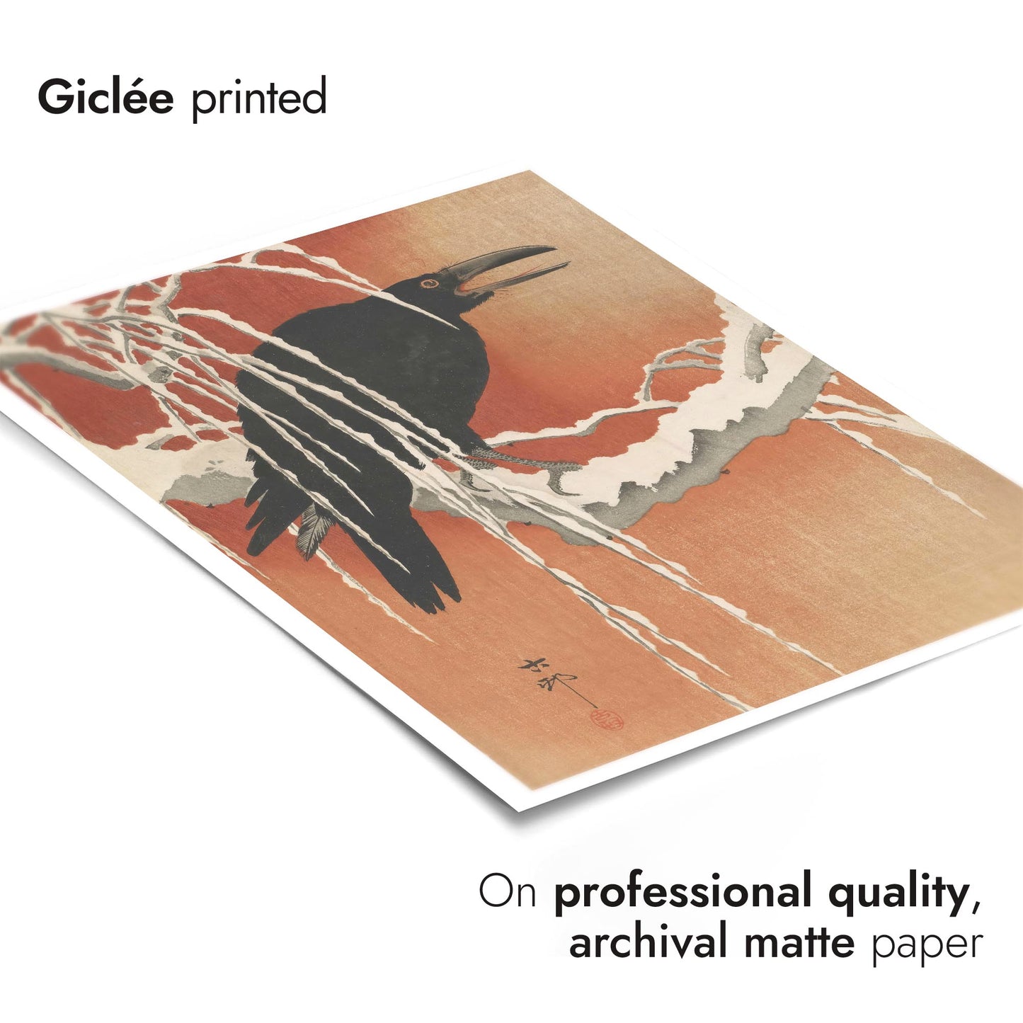 Crow on a Snowy Branch at Sunset