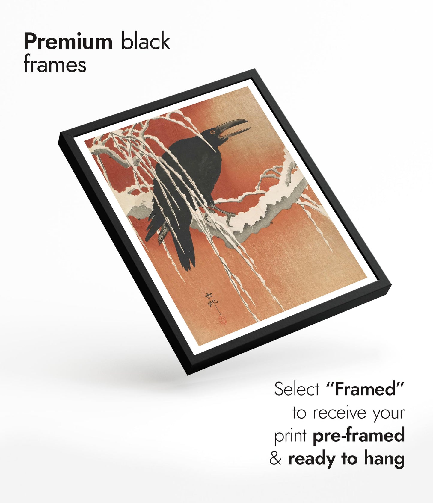 Crow on a Snowy Branch at Sunset