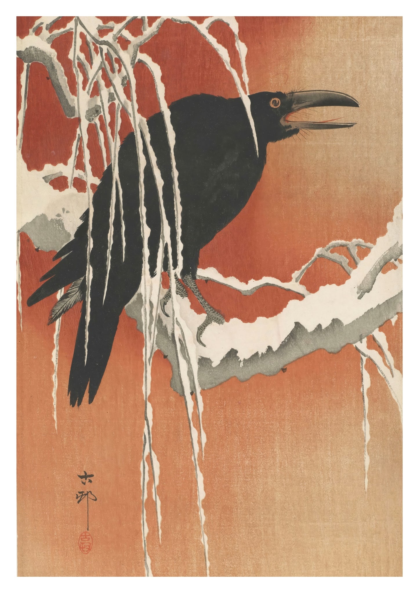 Crow on a Snowy Branch at Sunset