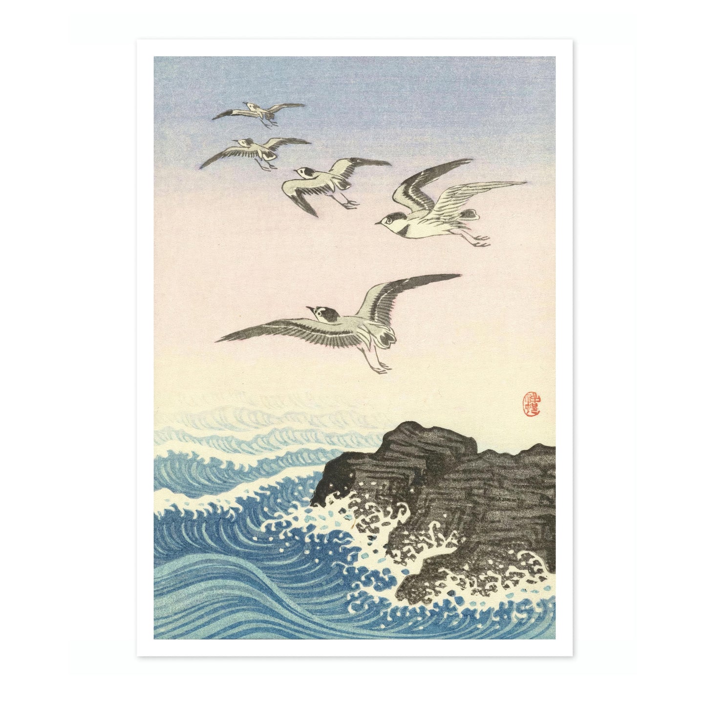 Five Seagulls Above a Rock in the Sea