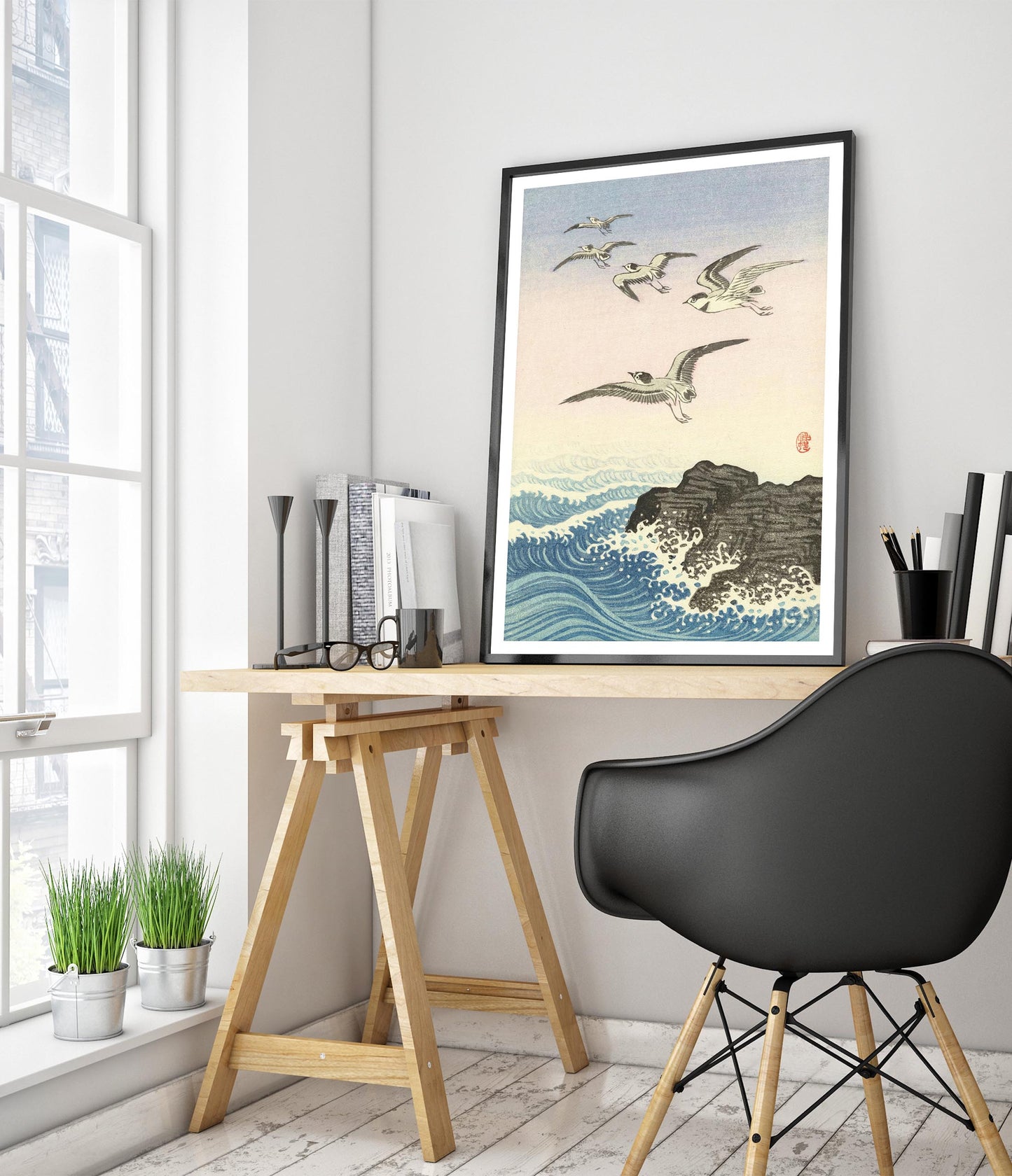 Five Seagulls Above a Rock in the Sea