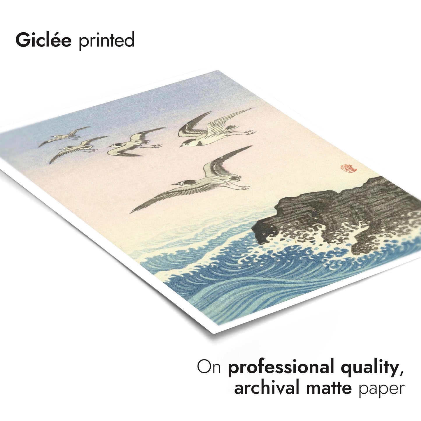 Five Seagulls Above a Rock in the Sea