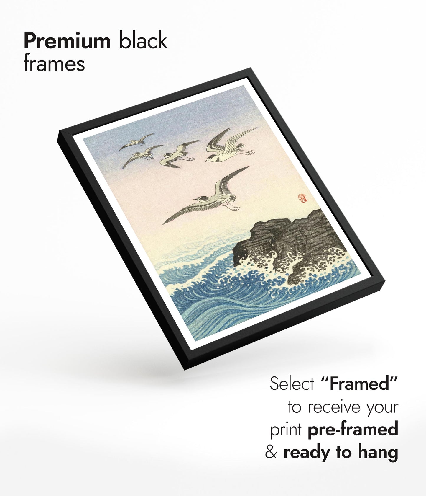 Five Seagulls Above a Rock in the Sea