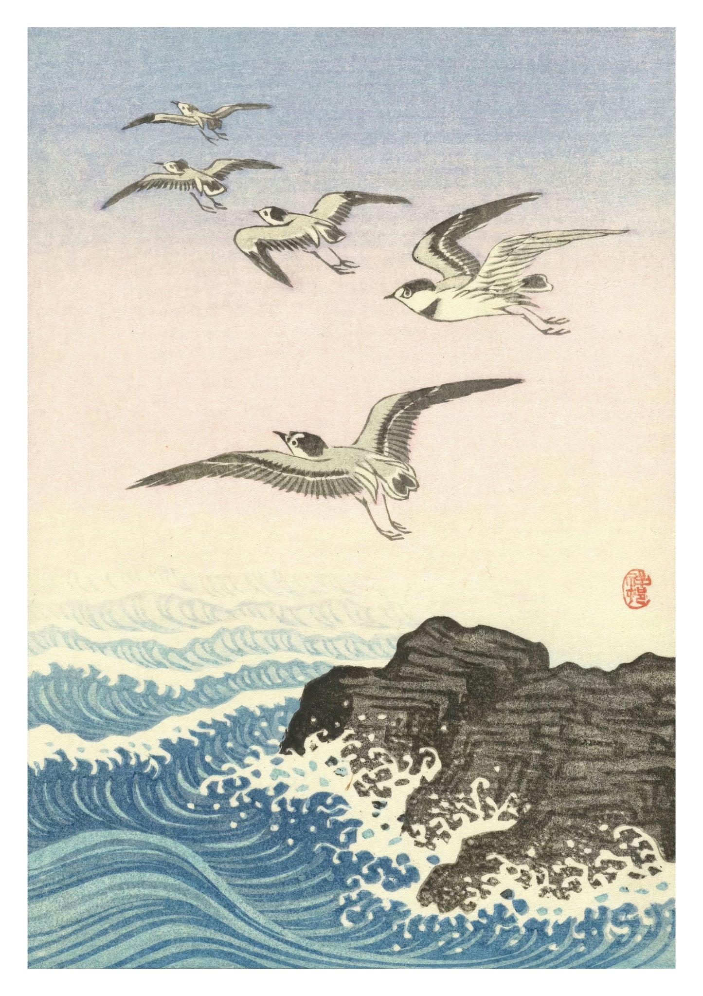 Five Seagulls Above a Rock in the Sea