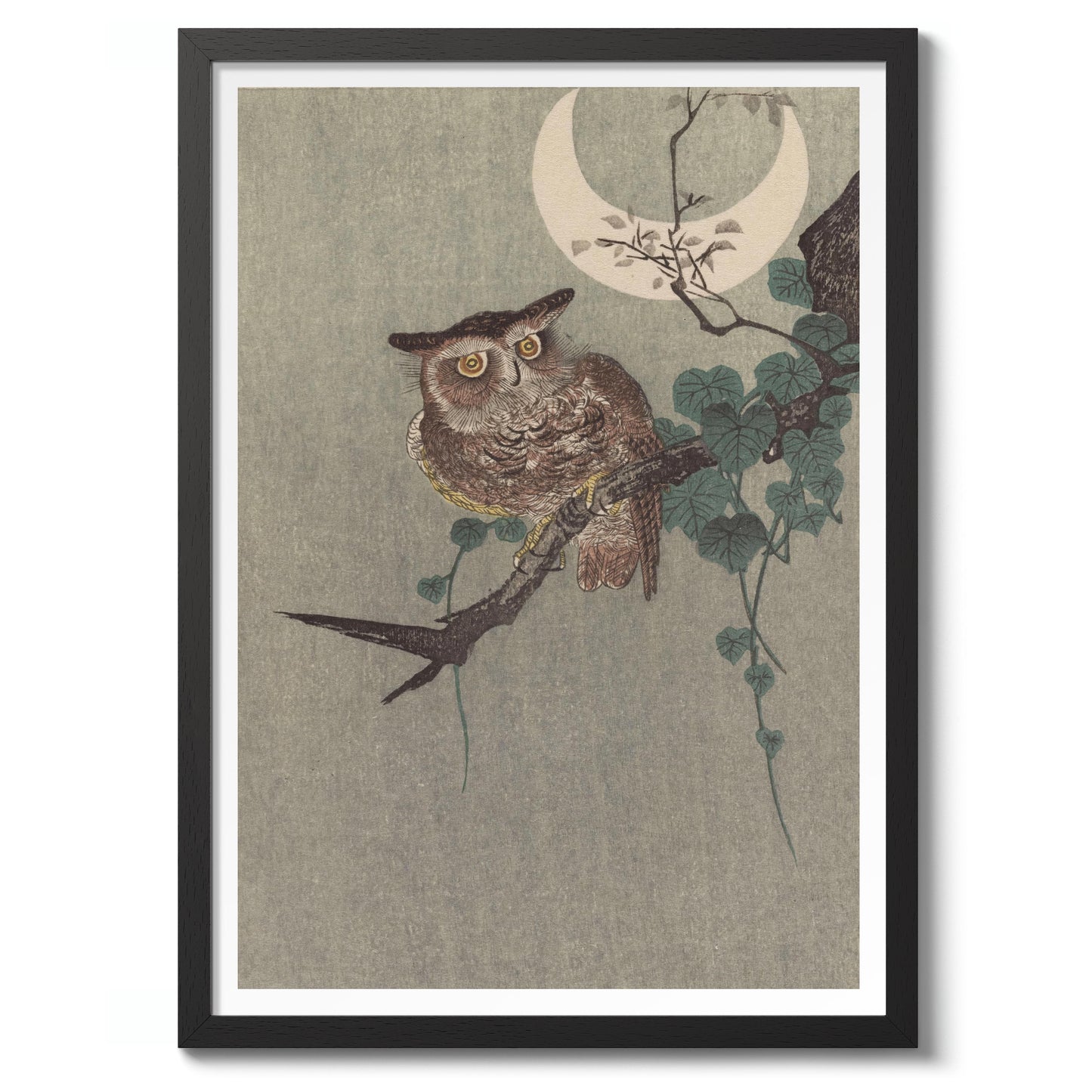 Owl Perched on a Branch & Crescent Moon