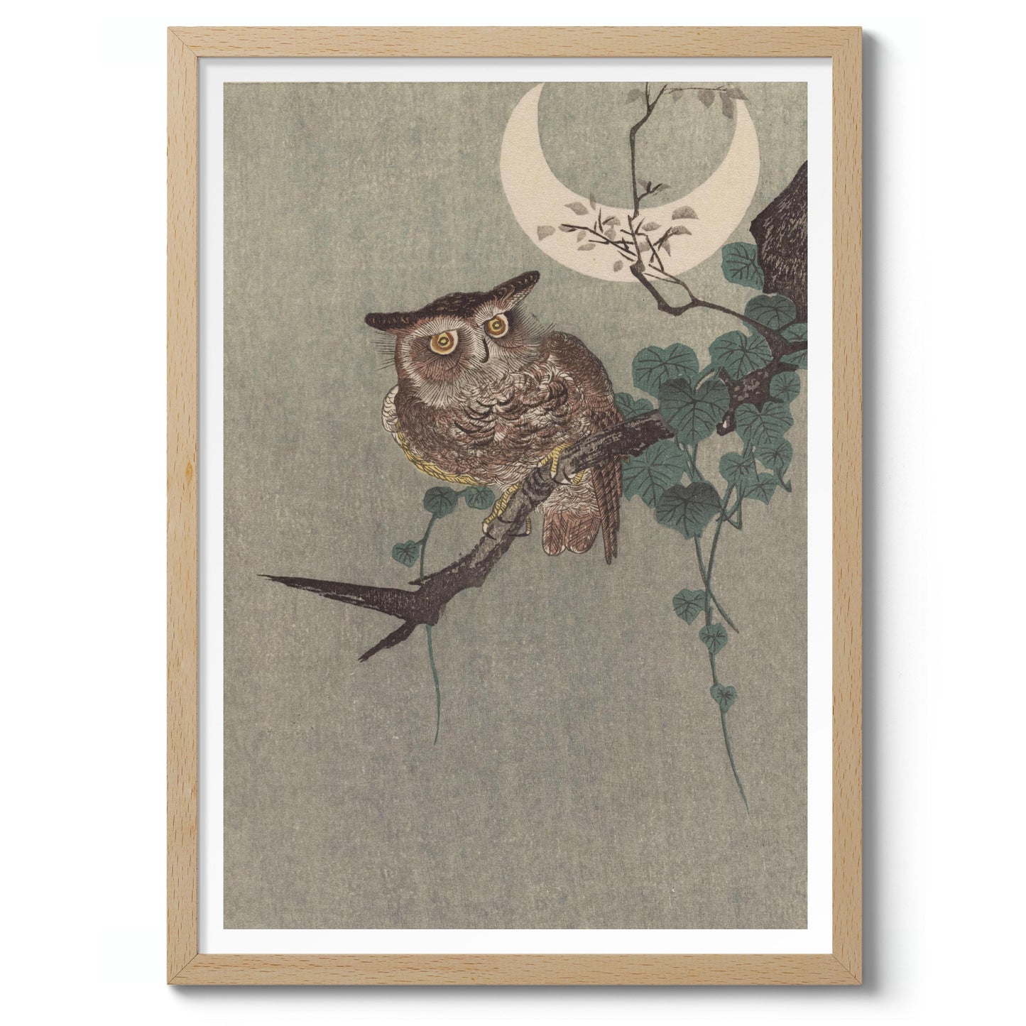 Owl Perched on a Branch & Crescent Moon