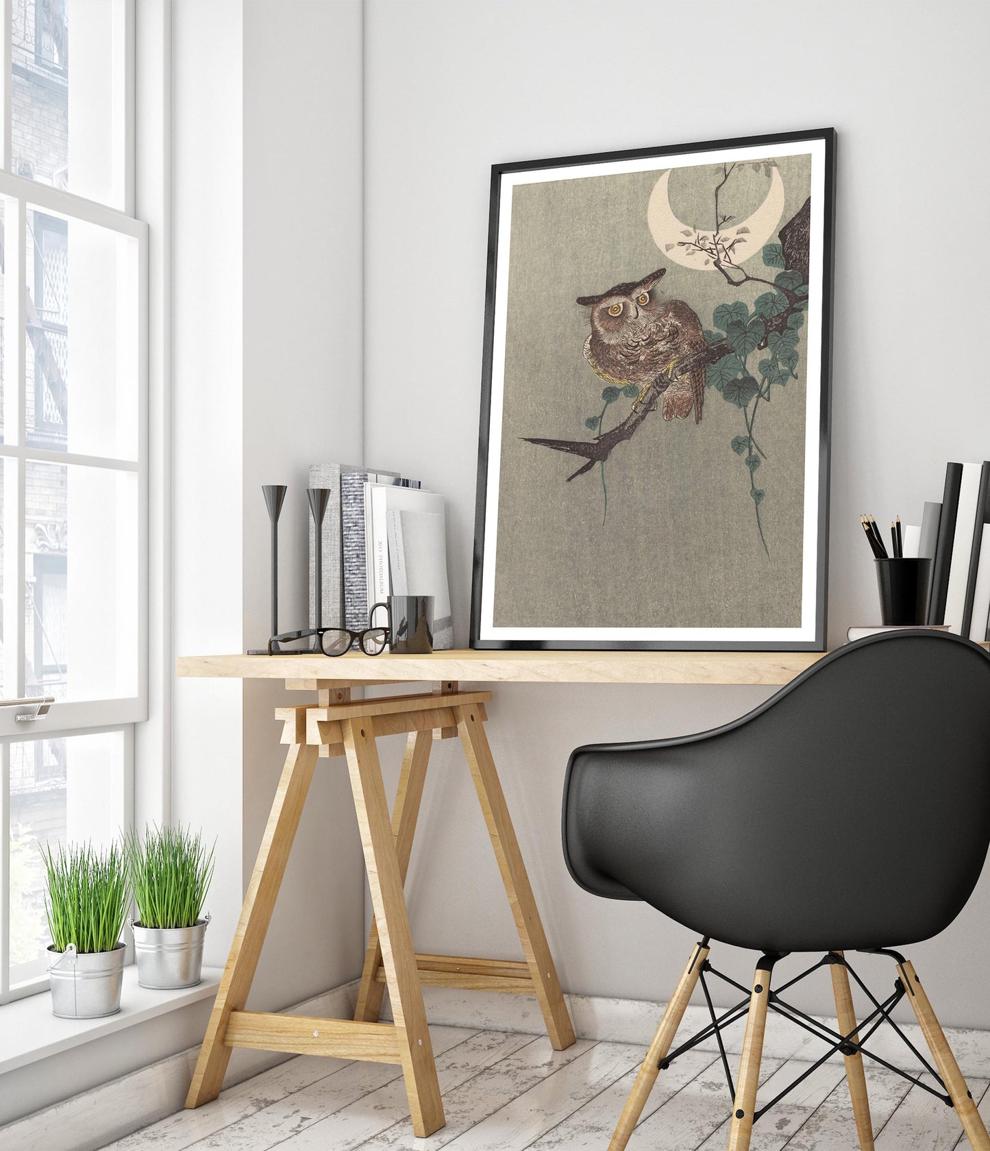 Owl Perched on a Branch & Crescent Moon