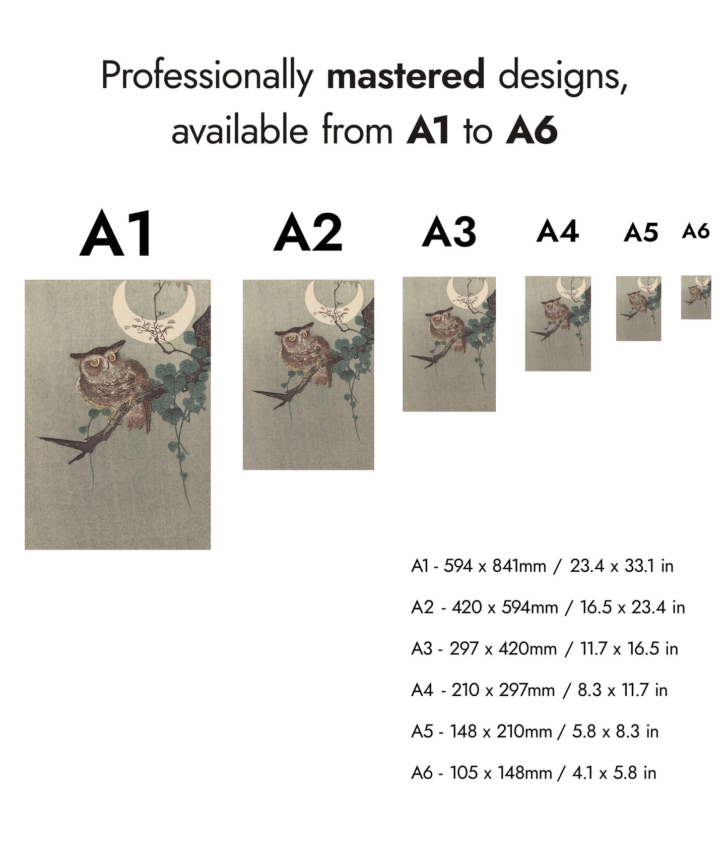 Owl Perched on a Branch & Crescent Moon