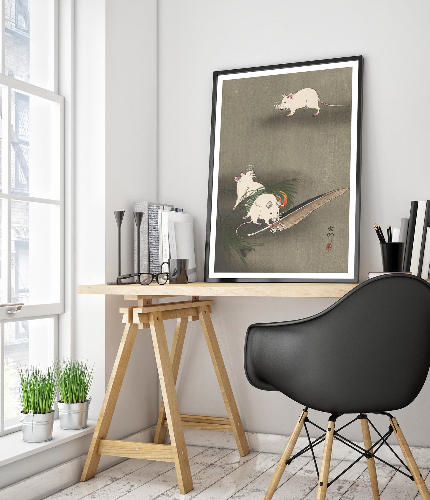 Trois souris blanches et une plume