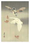 Two Pigeons Near Falling Ginkgo Leaves print