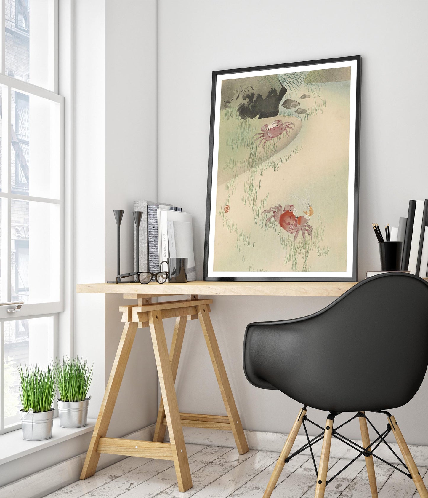 Twee krabben, riet erachter