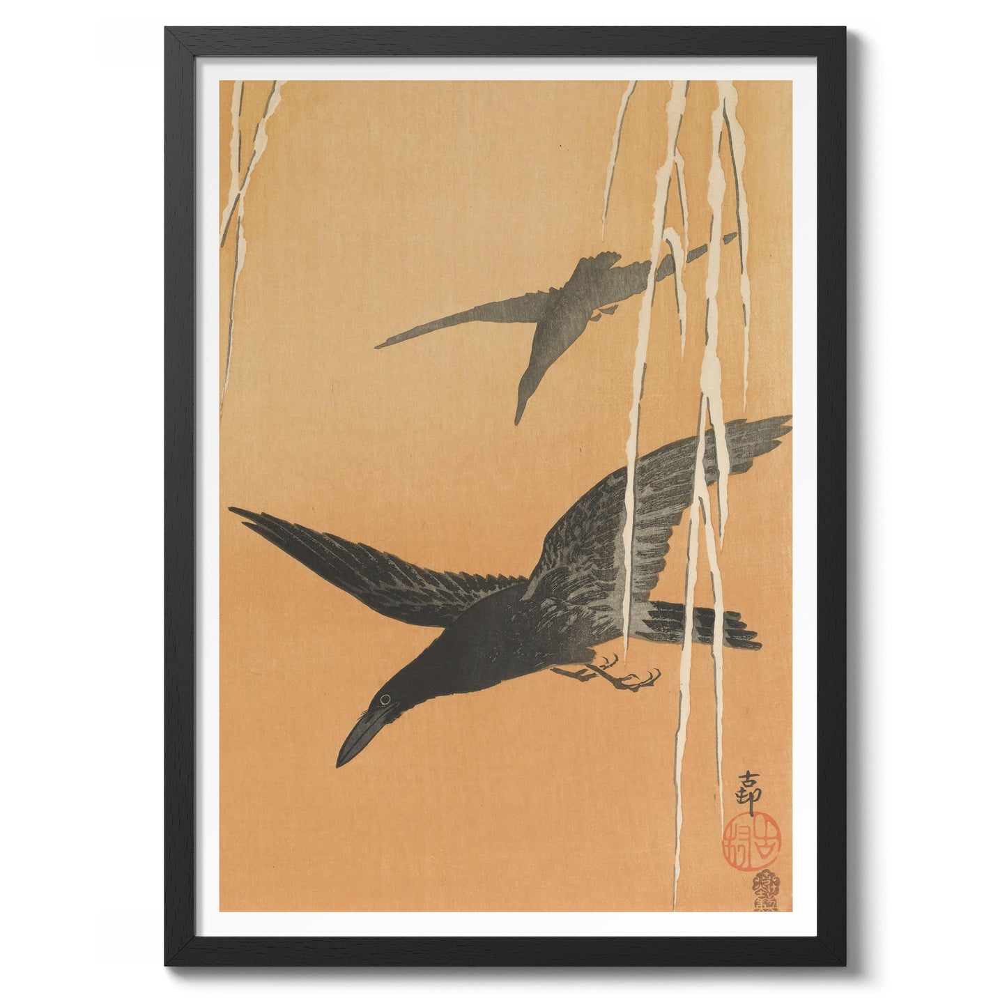 Two Crows in Flight & Snow-Covered Willow