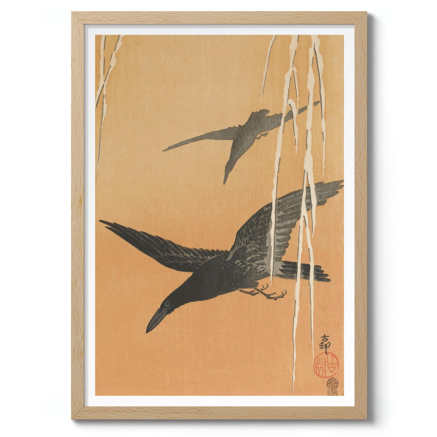 Two Crows in Flight & Snow-Covered Willow