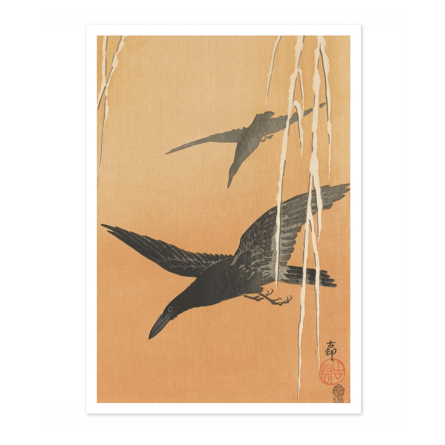 Two Crows in Flight & Snow-Covered Willow