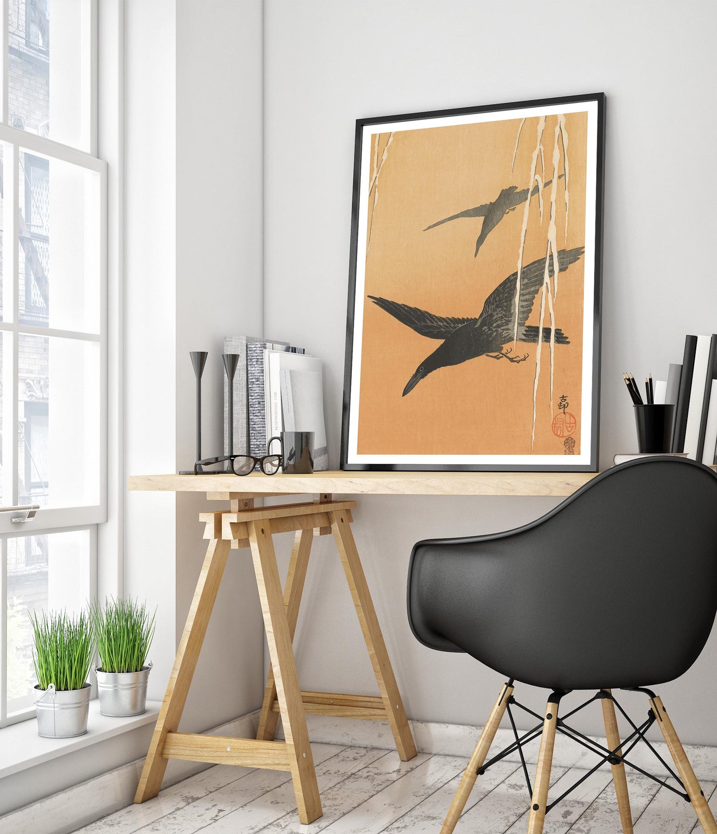 Two Crows in Flight & Snow-Covered Willow