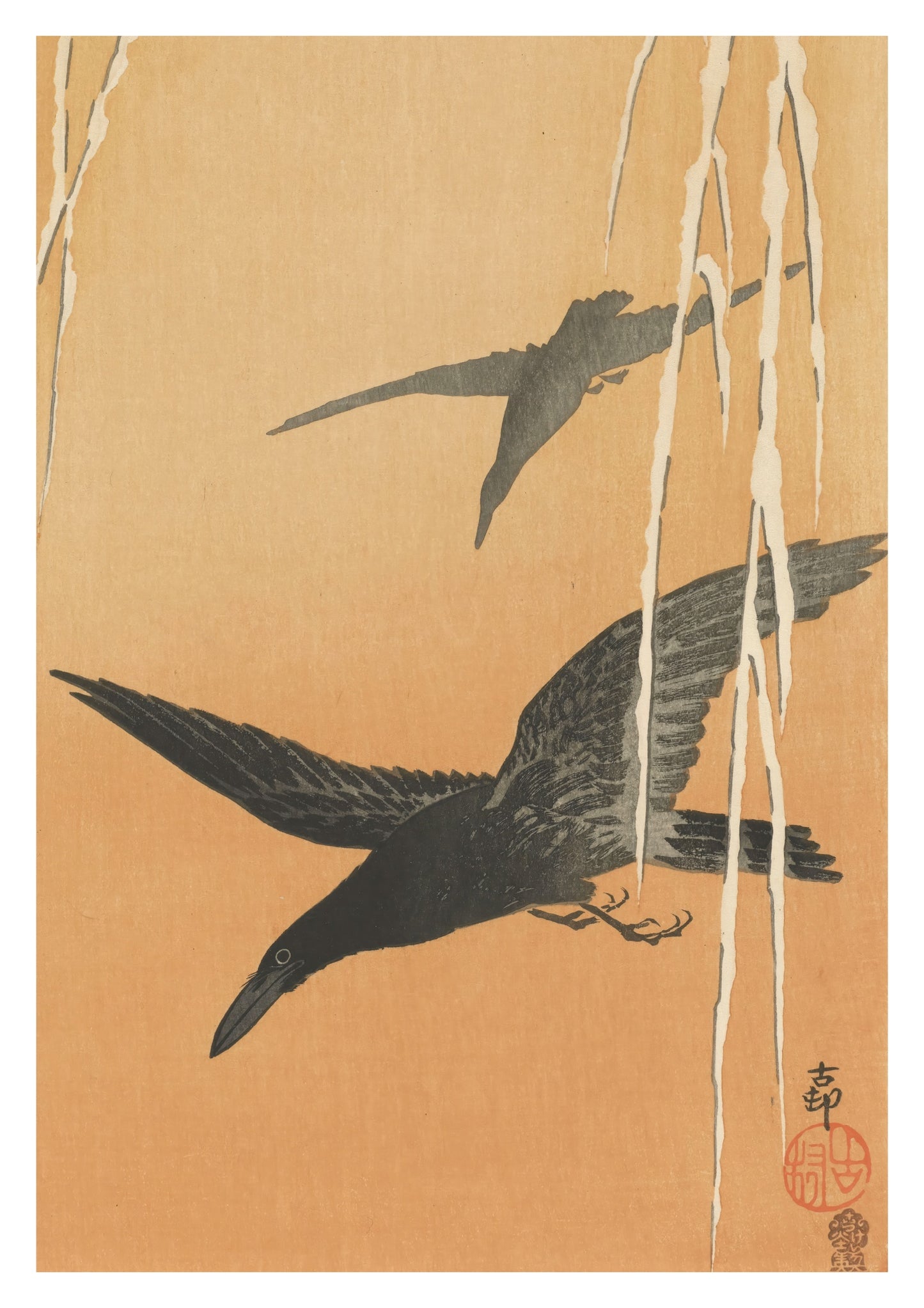 Two Crows in Flight & Snow-Covered Willow