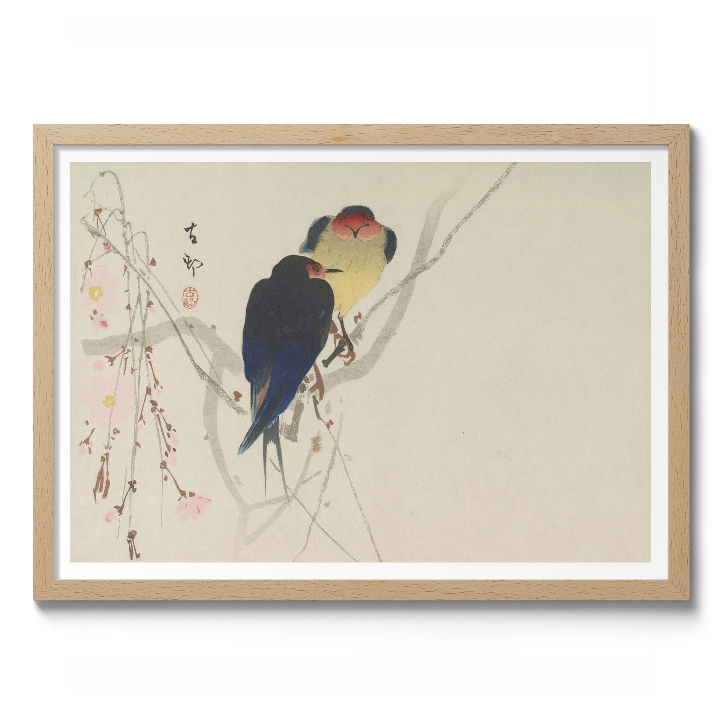 Two Swallows Perched on Weeping Cherry