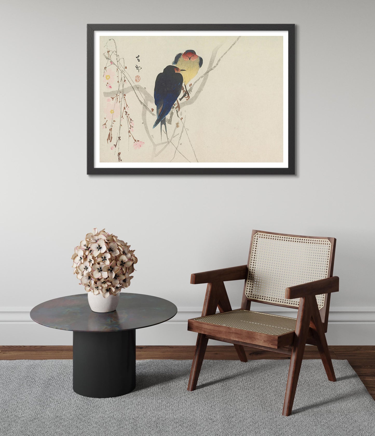 Two Swallows Perched on Weeping Cherry