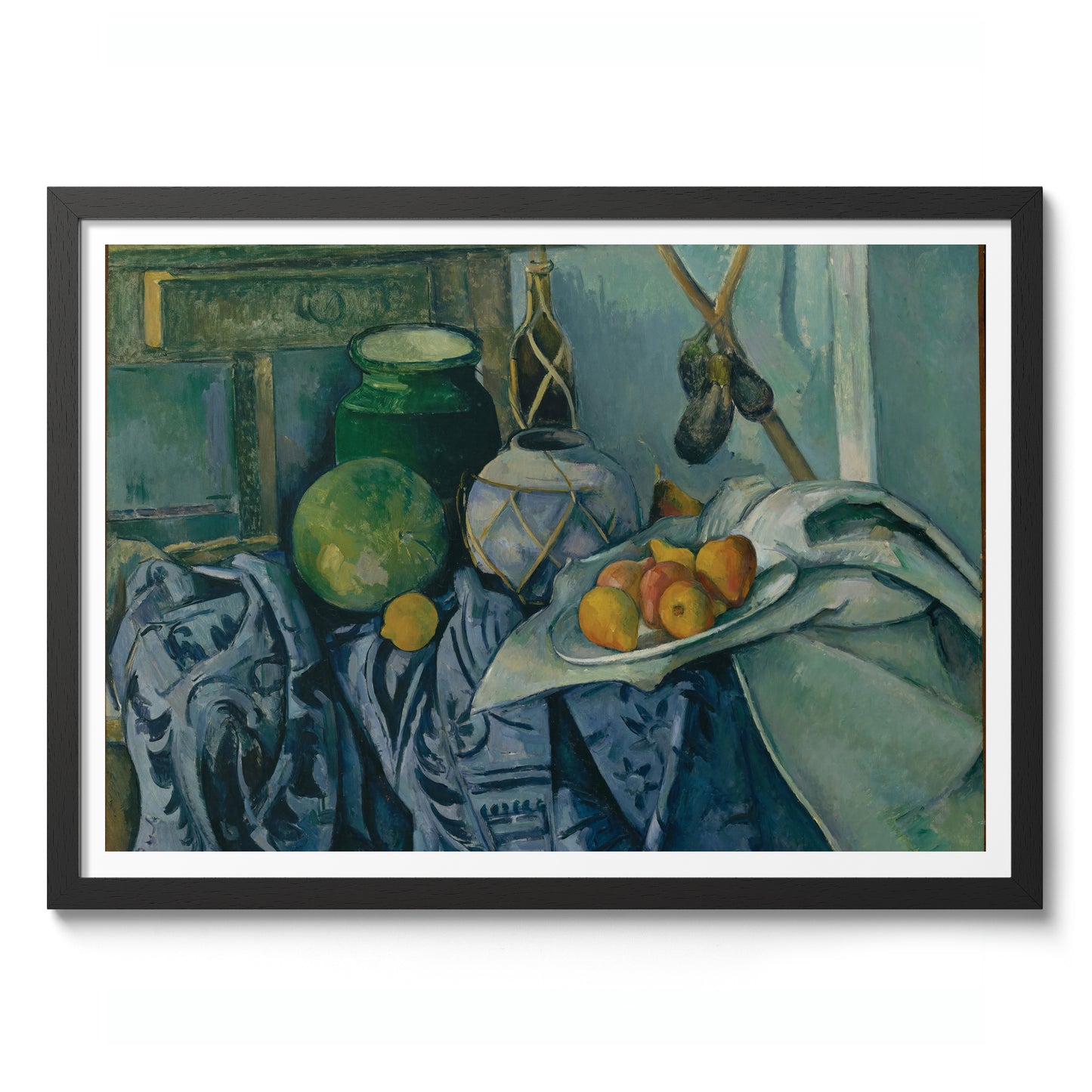 Stilleben med en ingefärskruka och auberginer