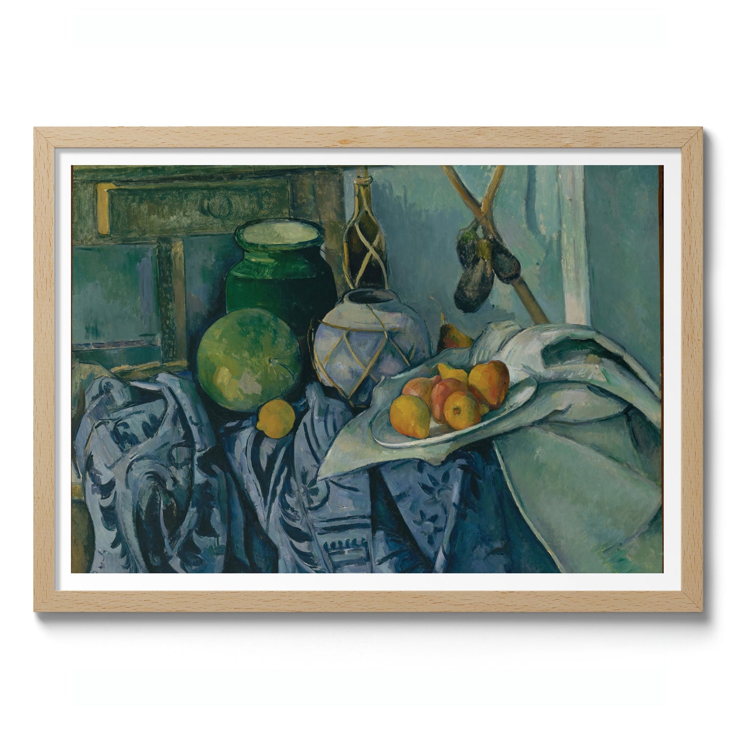 Stilleben med en ingefärskruka och auberginer