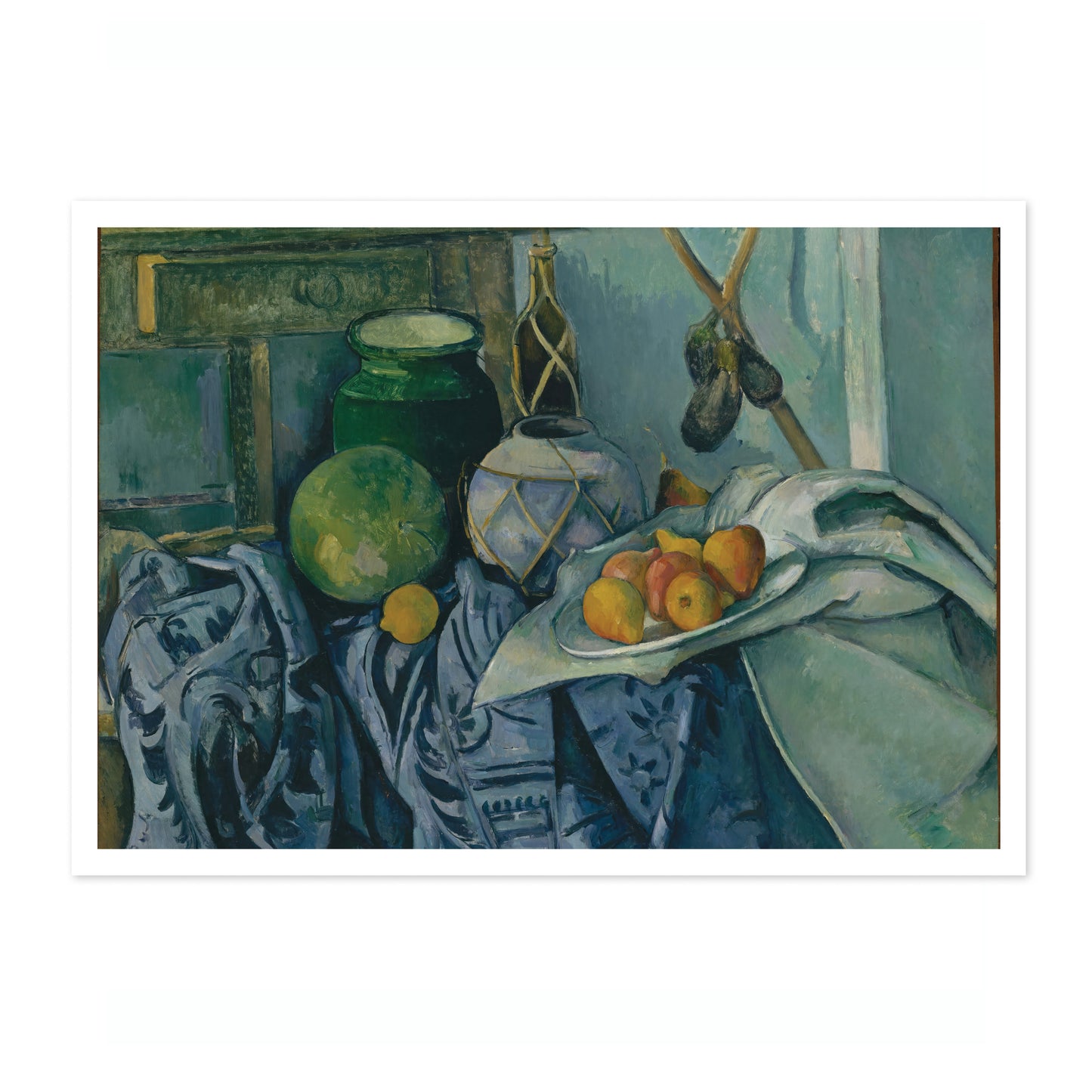 Stilleben med en ingefärskruka och auberginer