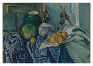 Stilleben med en ingefärskruka och auberginer print