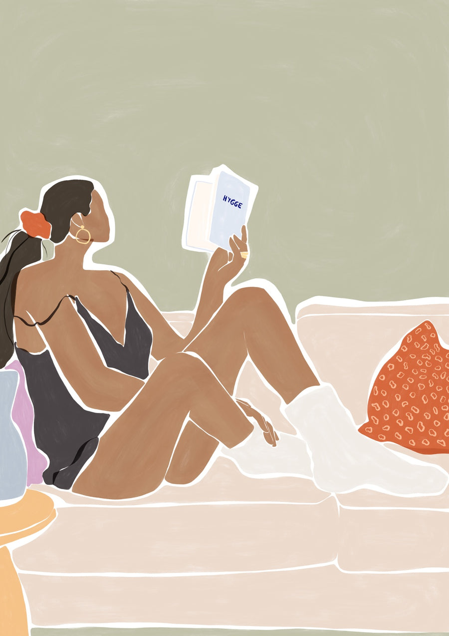 Woman Enjoying a Great Hygge Book - Print Only frame