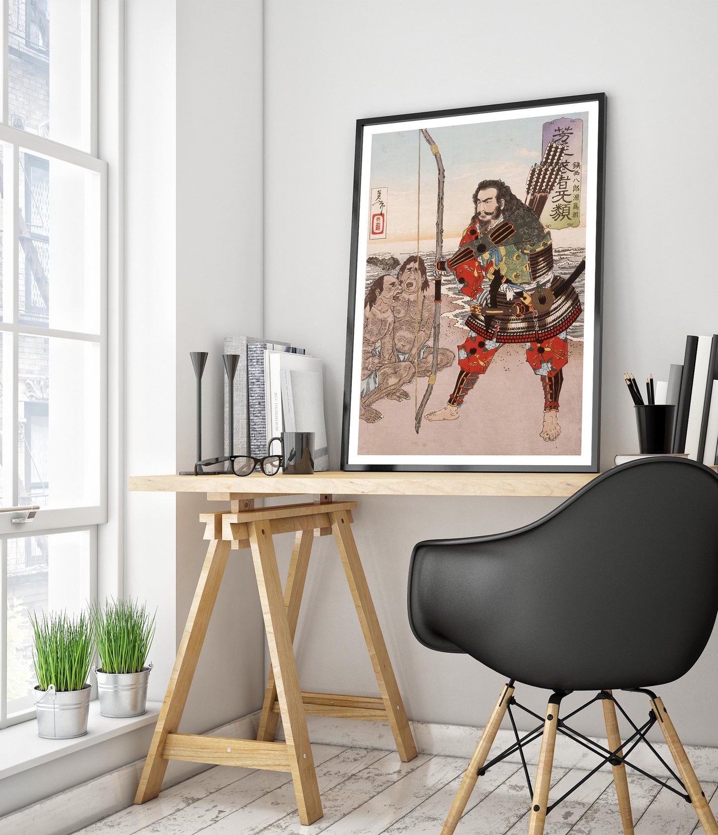 Chinzei Hachiro Tametomo med två öbor på stranden vid Ashijima