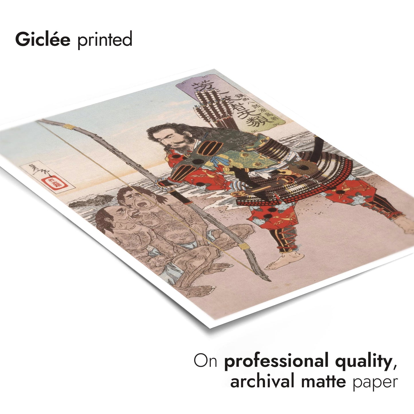 Chinzei Hachiro Tametomo med två öbor på stranden vid Ashijima