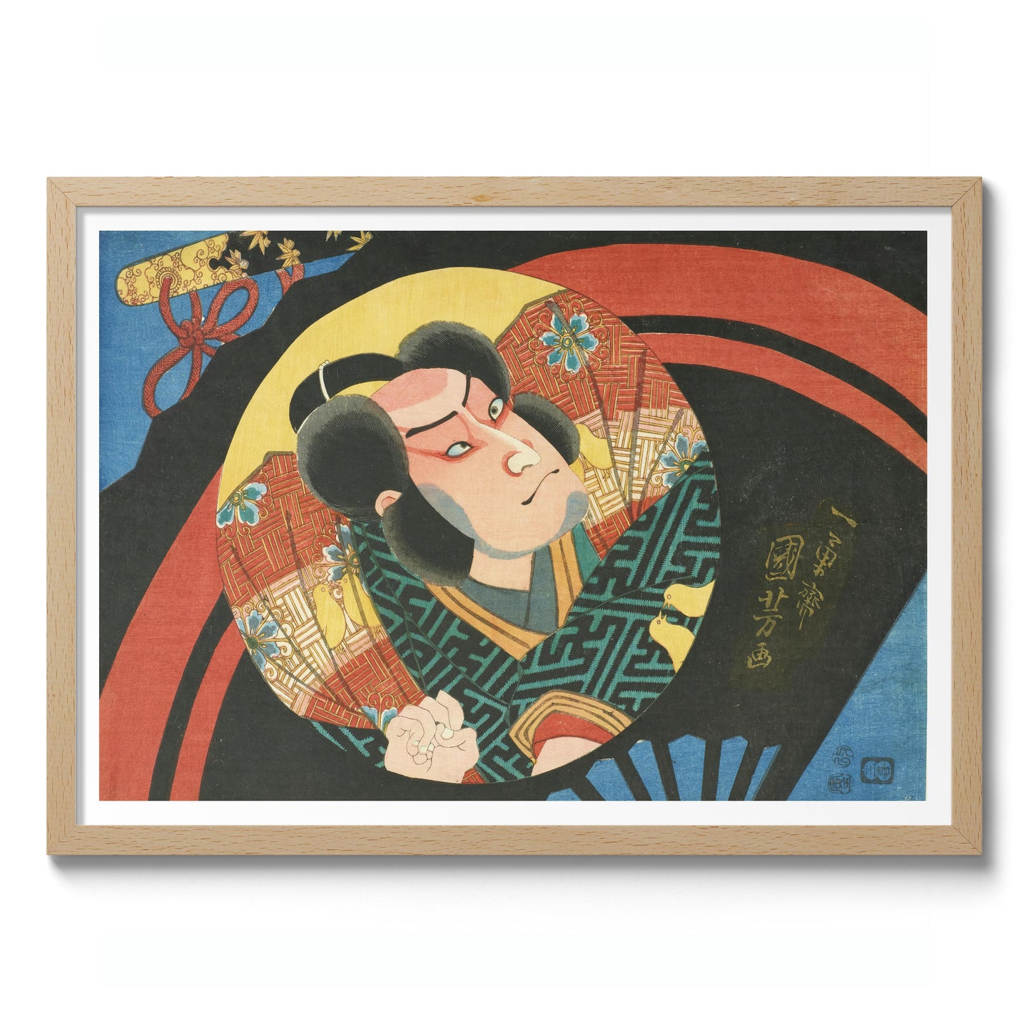 En Kabuki-skådespelare på en vikbar solfjäder