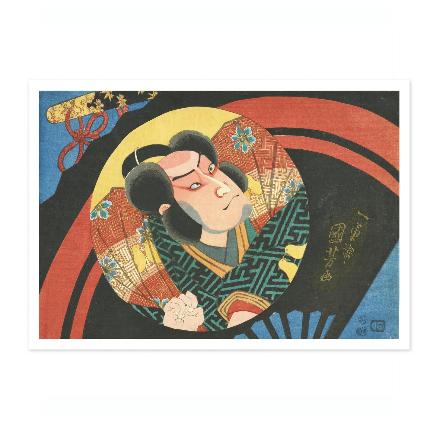 En Kabuki-skådespelare på en vikbar solfjäder