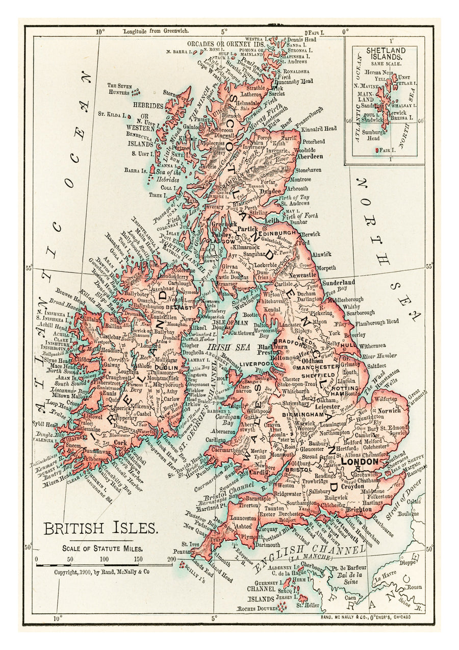 Cartografische kaart van de Britse Eilanden - Print Only frame