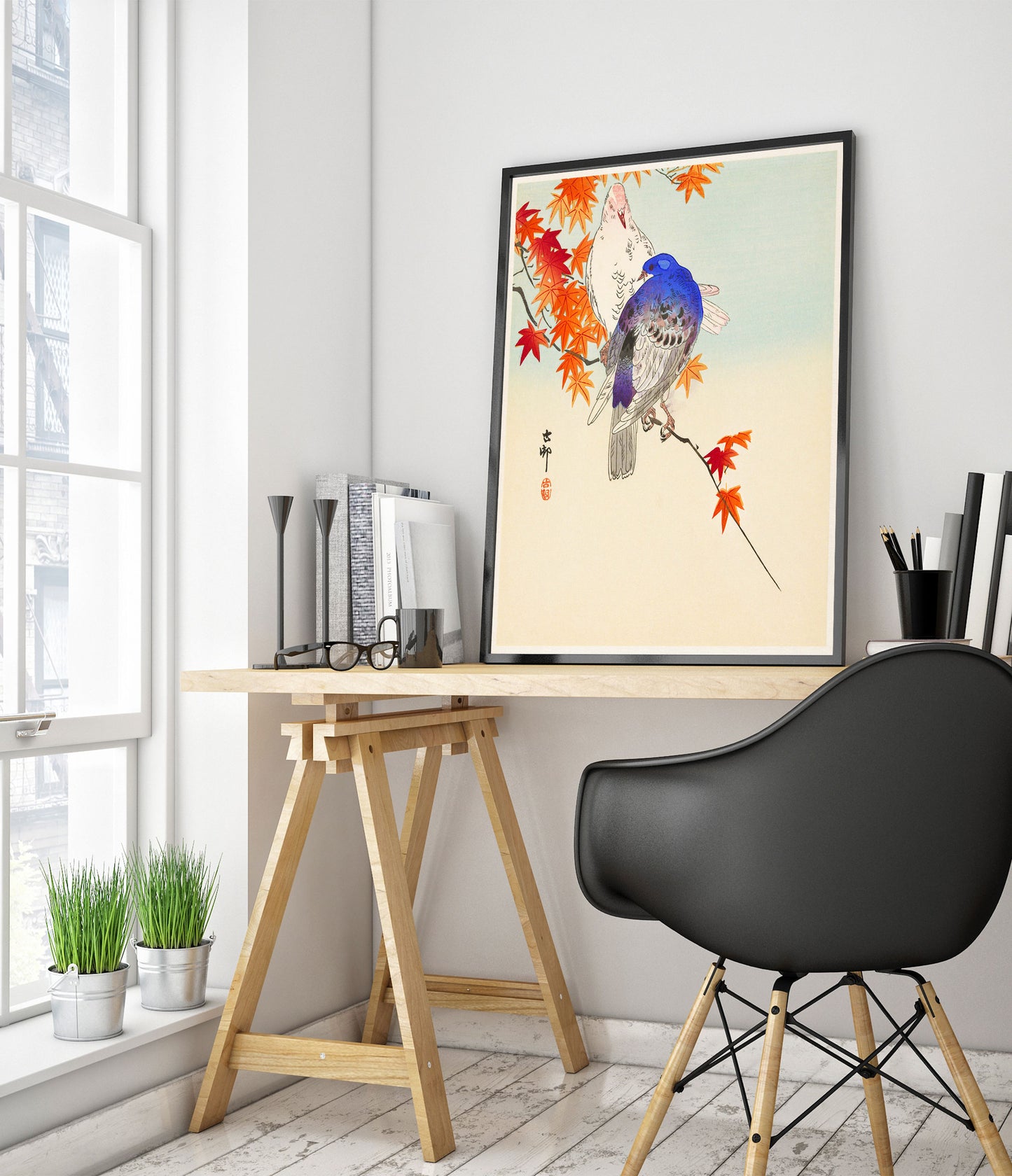 Zwei Tauben auf einem Herbstzweig